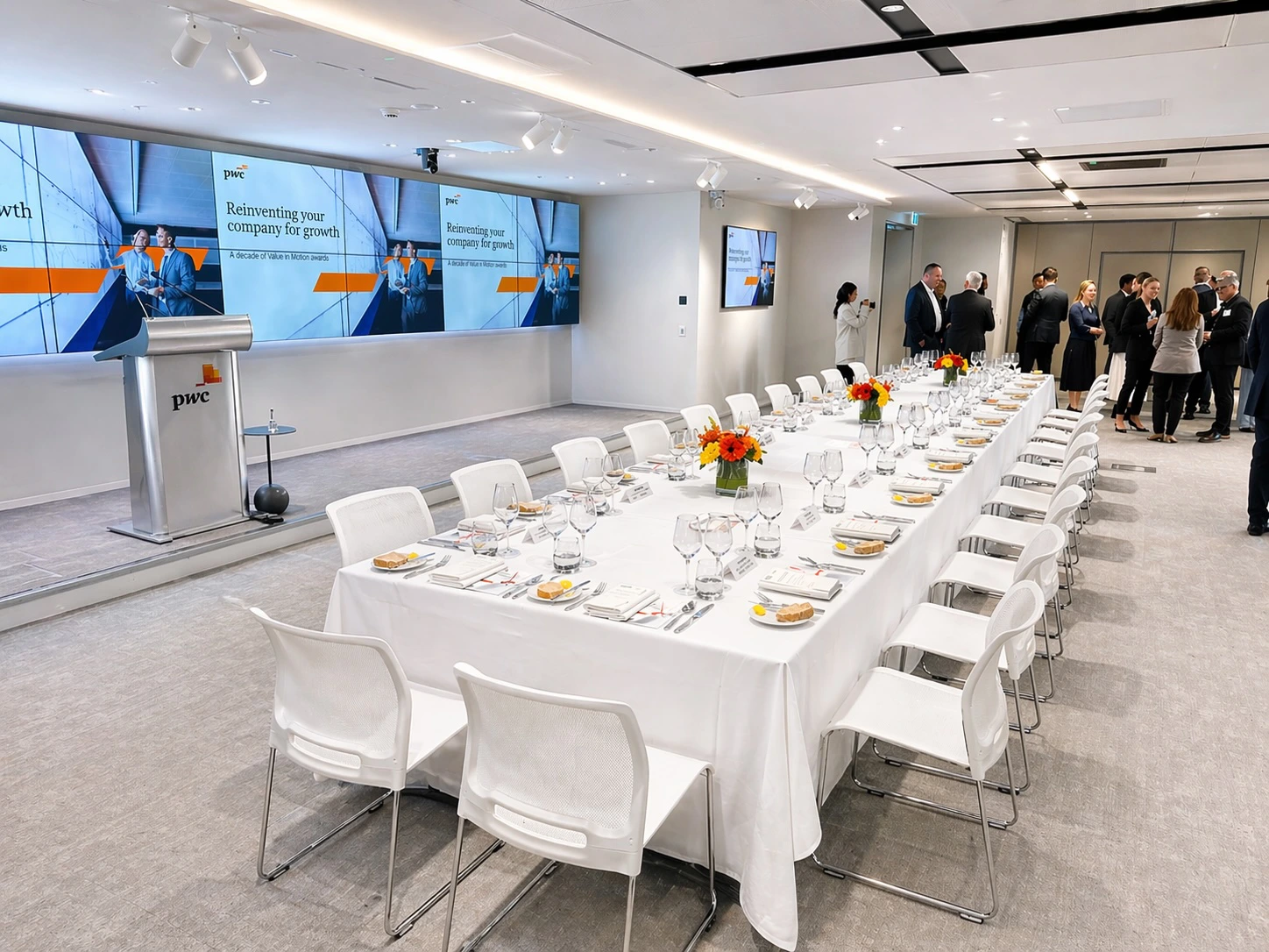 Corporate conference room prepared for catered dining