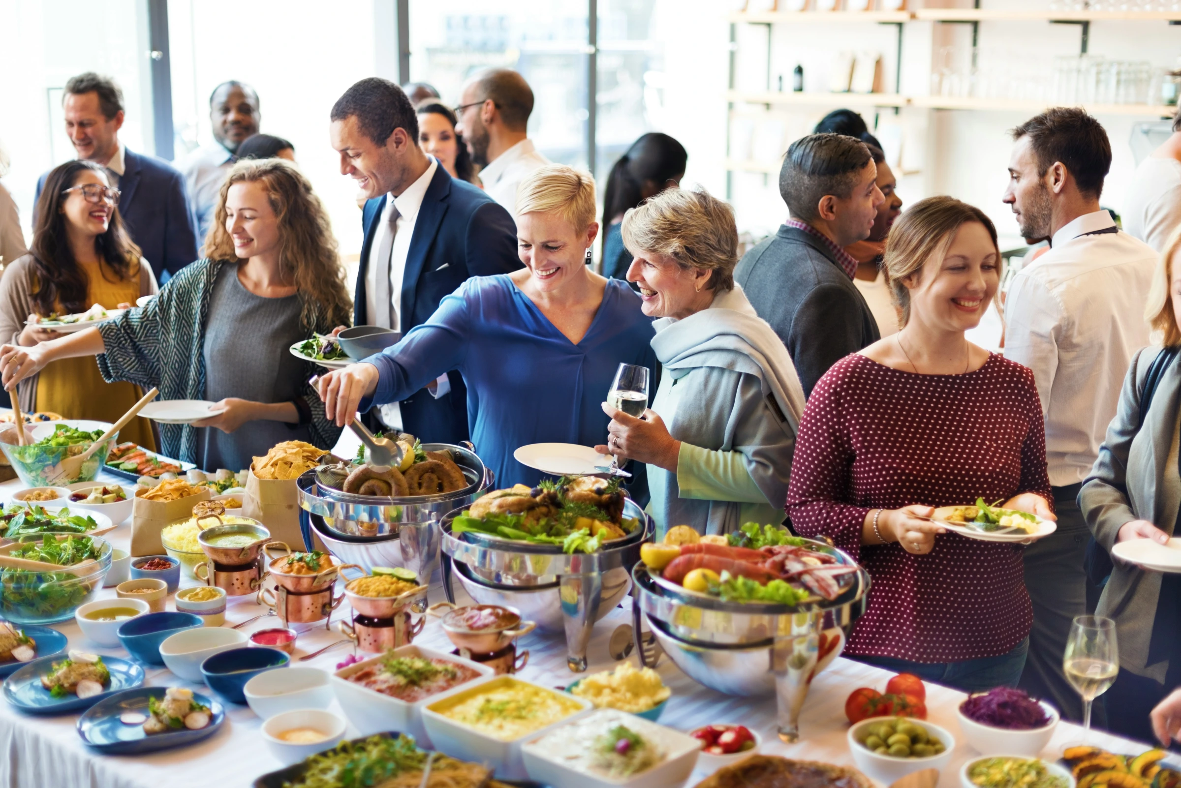 Corporate team enjoying a catered buffet