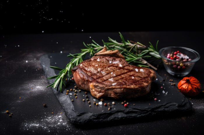 Grilled beef steaks with spices and herbs on black slate and black background.